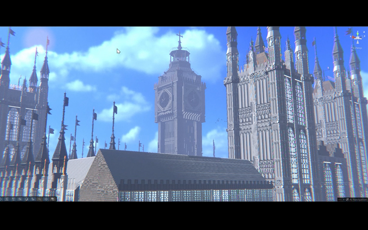 Gothic clock tower and ornate architecture in a blue-sky Unity scene