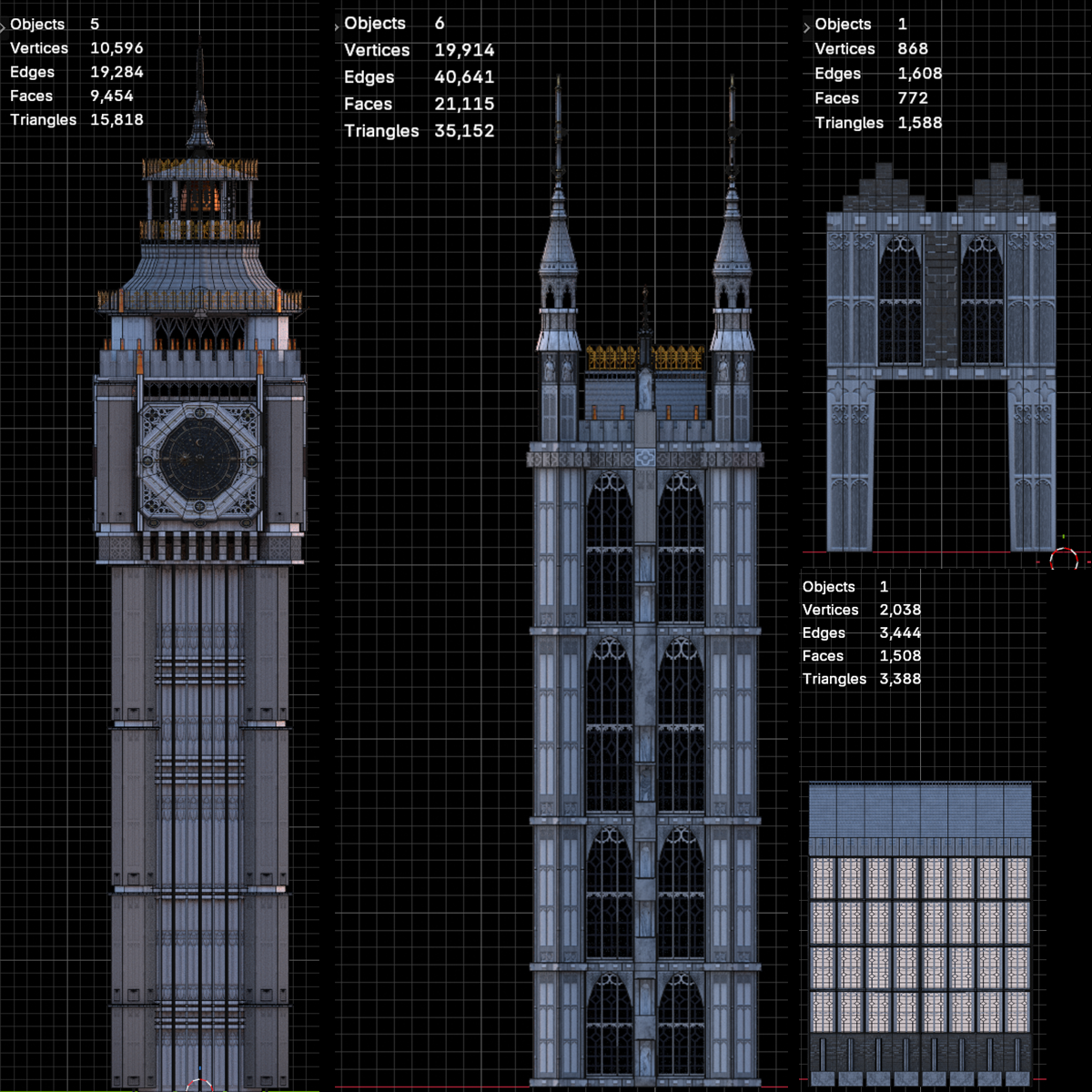 Clock tower, secondary tower, arch and roof model with mesh statistics
