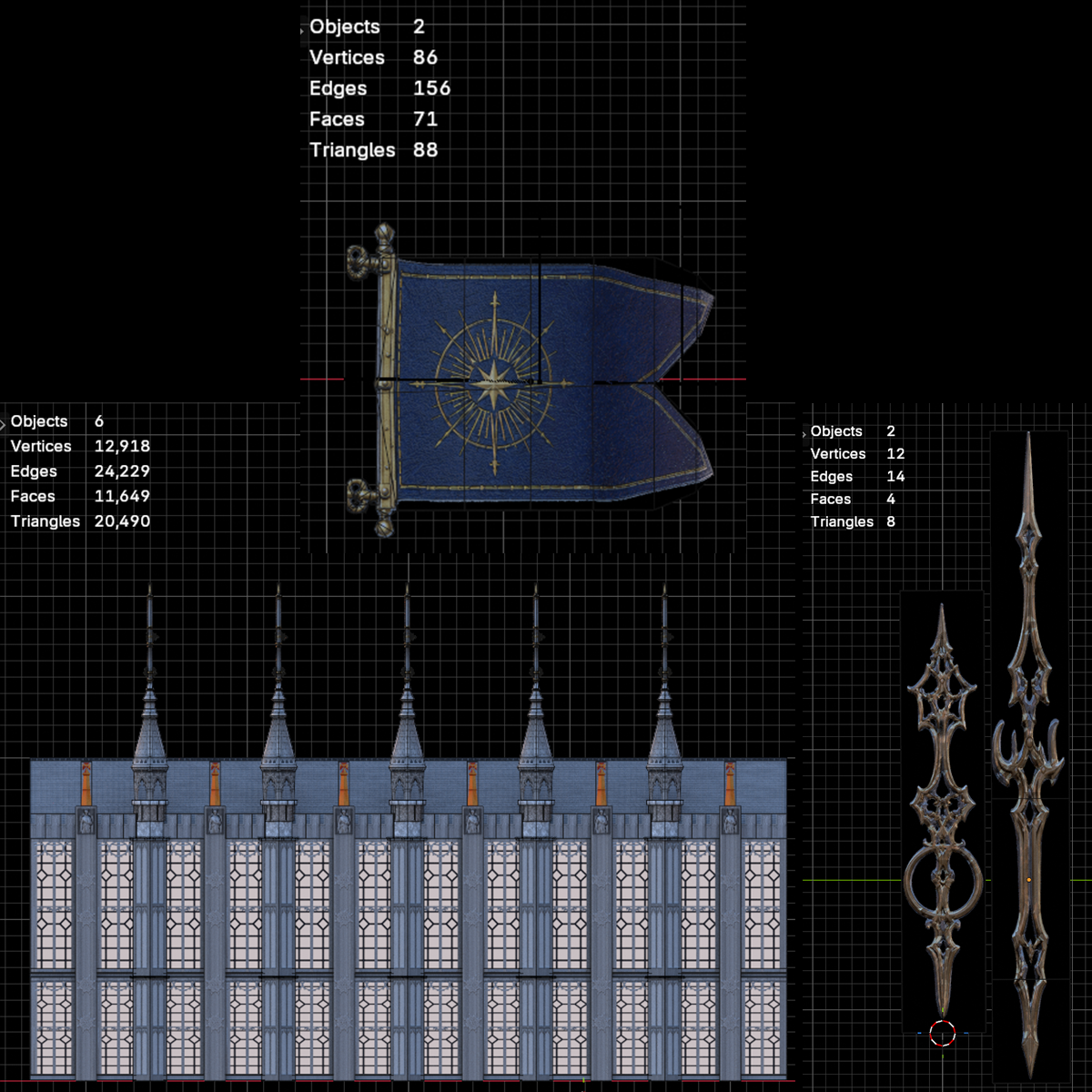Blue and gold flag, gothic facade and ornate clock hands with mesh statistics