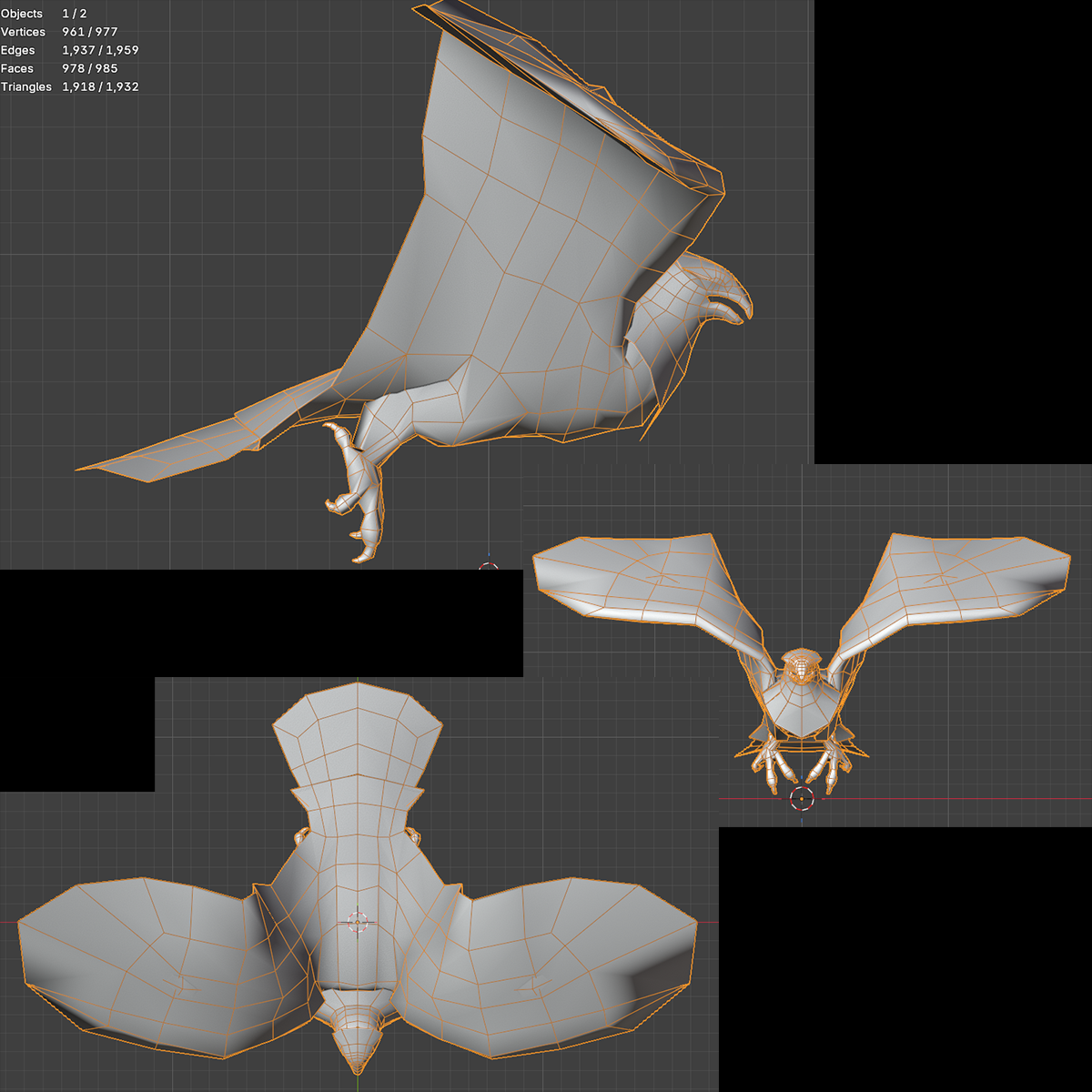 Bird mesh shown from side, front and overhead angles