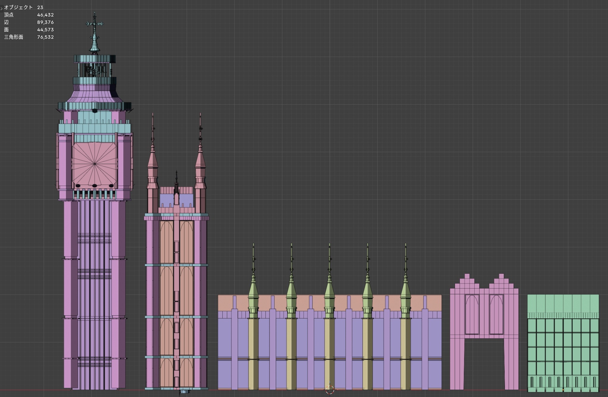 Blender view showing the clock tower and architectural components with color-coded faces and visible topology